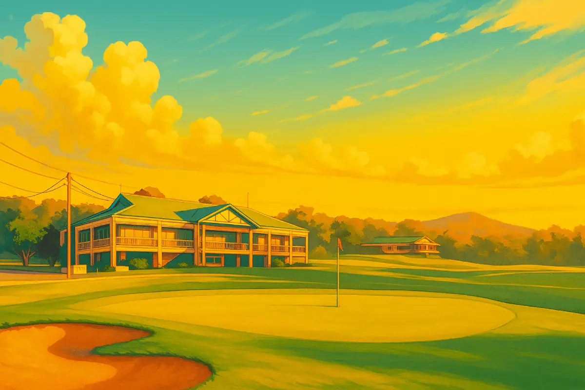 A vibrant anime-style illustration of Buninyong Golf Club in Victoria, Australia. The image shows a wide view of the club’s central building set against a bright blue sky. The foreground features a neatly manicured putting green and a sand bunker, while the midground displays the club’s two-storey white clubhouse with a green roof and symmetrical balconies. Surrounding trees and nearby houses are bathed in soft yellow sunlight, giving the entire scene a warm, welcoming tone.
