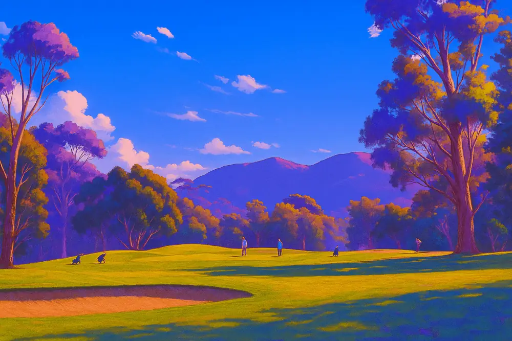Anime-style illustration of Bacchus Marsh Golf Course with golfers walking the fairway, tall gum trees framing the scene, and soft purple-blue mountains in the distance beneath a glowing pastel sky. Peaceful and scenic with rich natural tones.