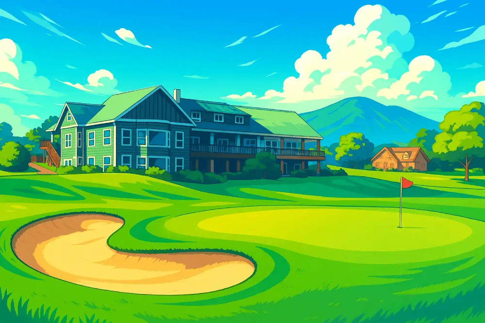 A vibrant anime-style illustration of Barwon Heads Golf Club, featuring a traditional clubhouse with grey timber siding and a pitched roof. The green foreground shows a neatly trimmed putting green and golden coastal grasses, with a flagstick marking the hole. The scene is bathed in clear blue sky and bright sunlight, evoking a fresh, breezy day by the coast.