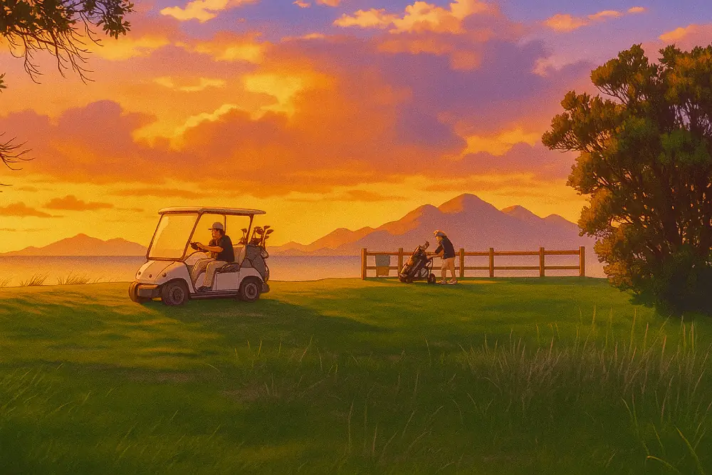 A vibrant anime-style illustration of Clifton Springs golf club. You Yangs in the background, twice.