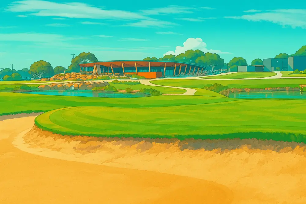 A vibrant anime-style illustration of Curlewis Golf Course