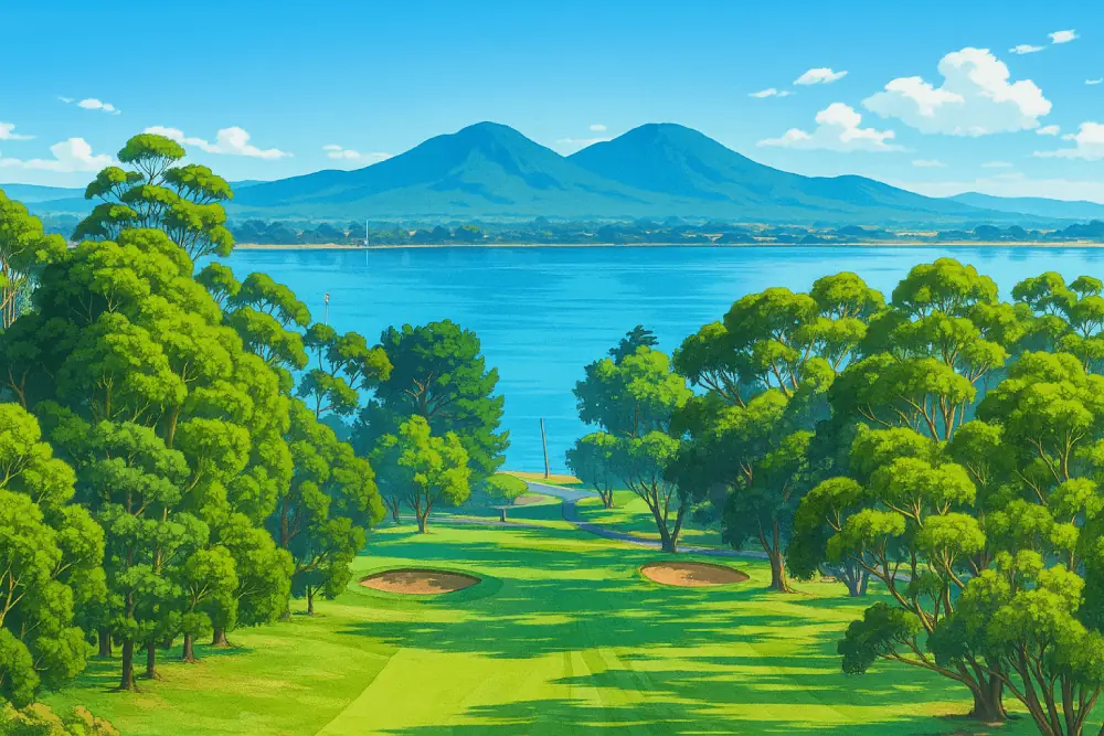 A vibrant anime-style illustration of East Geelong Golf Club, You Yangs in the background