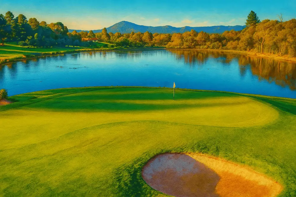 A vivid landscape painting of Gisborne Golf Club with Mount Macedon rising in the background. The foreground features a well-manicured green with a single golf flag fluttering near the centre. Just beyond the green, a calm reflective lake stretches across the midground, bordered by clusters of trees in golden hour light. The water mirrors the clear blue sky above and the silhouette of distant hills. On the horizon, Mount Macedon dominates the view with soft, shadowed slopes under a glowing sky, giving the entire scene a tranquil, majestic quality.