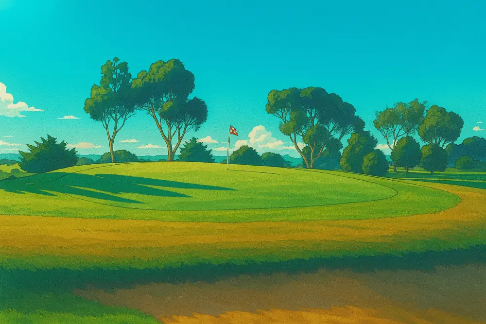 A vibrant anime-style illustration of Keilor Public Golf Course