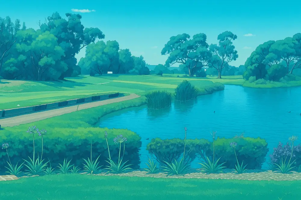 A vibrant anime-style illustration of Melton Valley Golf course