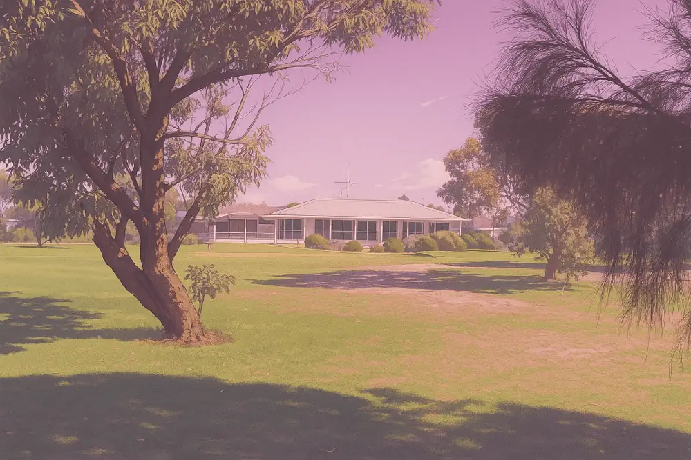 A vibrant anime-style illustration of Ocean Grove Golf Club house