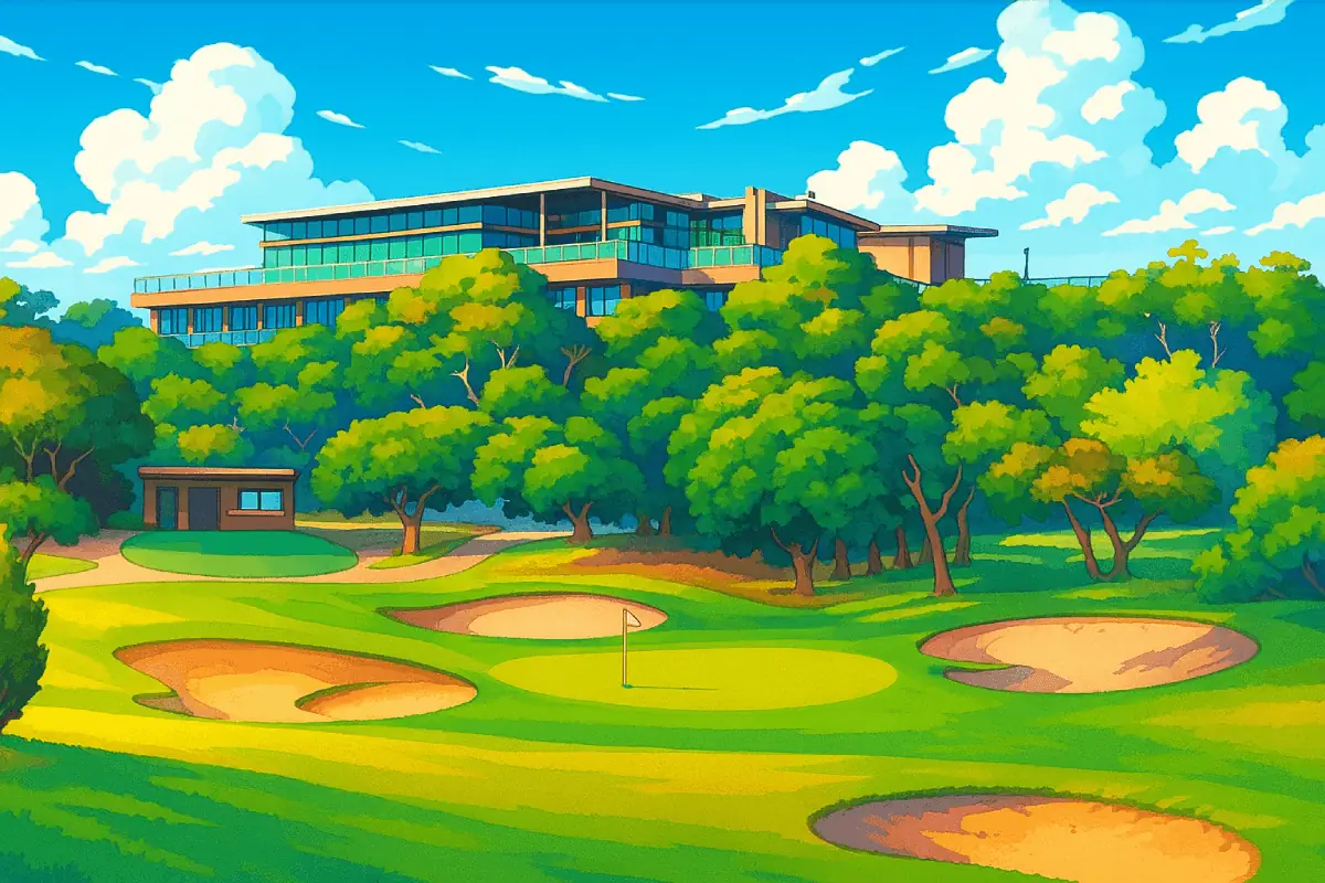 A vibrant anime-style digital illustration of Portsea Golf Club. The image shows a modern clubhouse with large glass windows perched atop a tree-covered hill. Below the hill, a lush green golf course unfolds with a neatly manicured green, three sand bunkers, and scattered windswept trees. The sky is a brilliant blue with soft, animated clouds, and the vivid colours give the scene a lively, almost whimsical atmosphere while maintaining the realism of the landscape.
