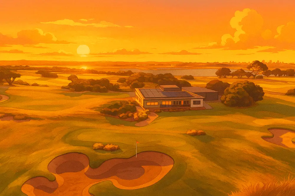 A vibrant anime-style illustration of Queenscliff golf course club house in sunset