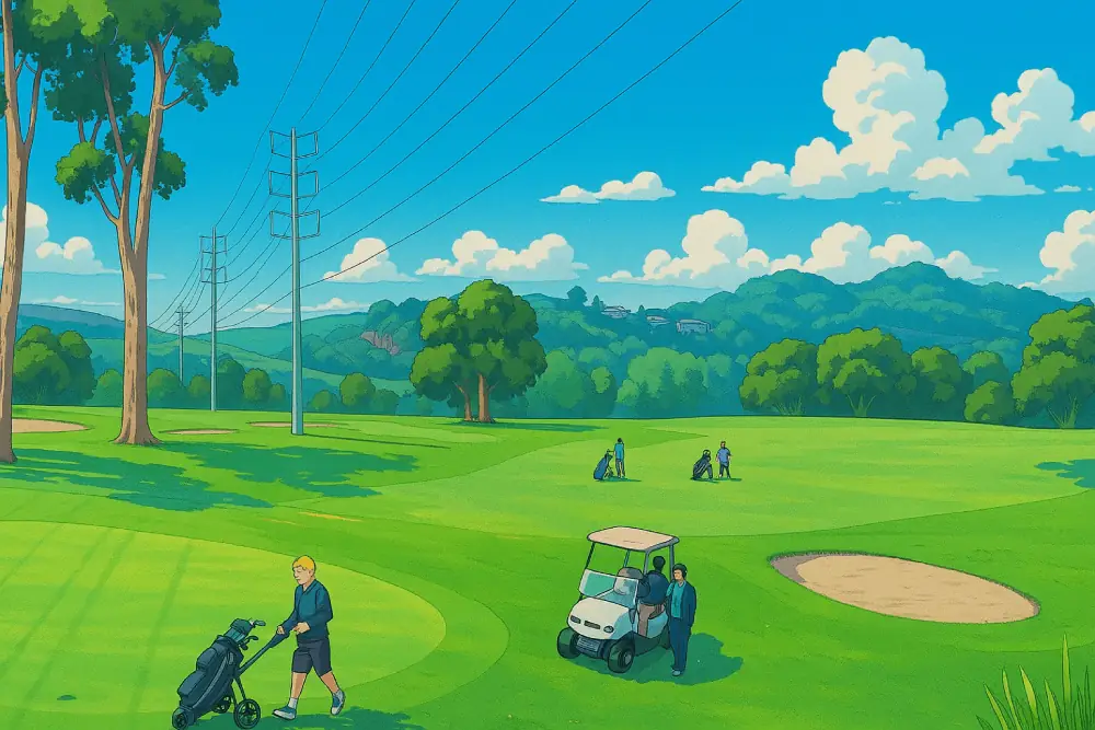 A vibrant anime-style illustration of Queens Park Golf Course