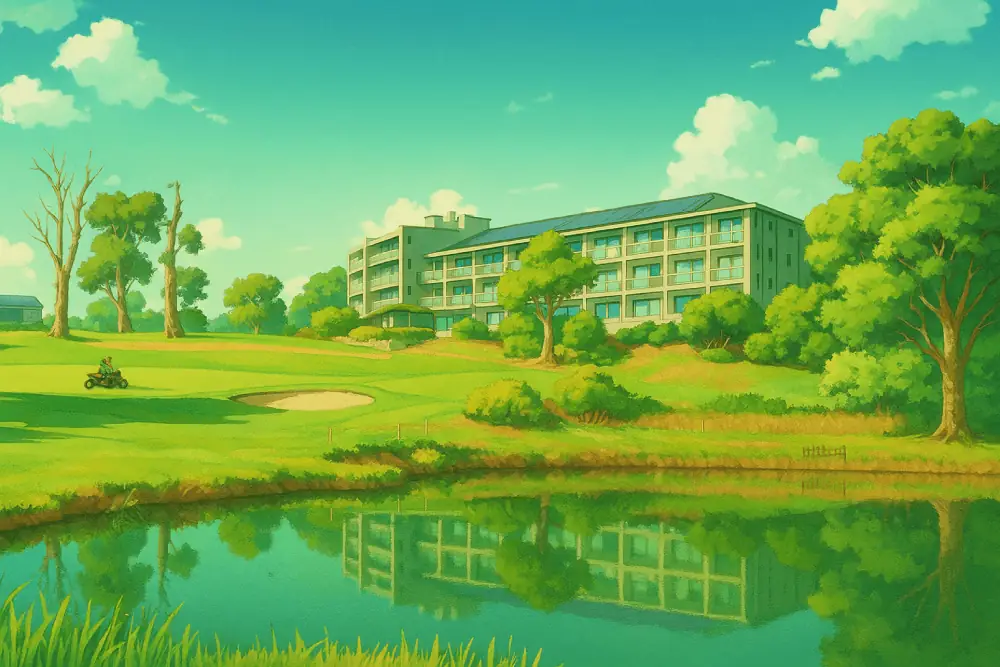 A scenic view of RACV Goldfields Resort, featuring a multi-storey hotel building set against a clear blue sky. The manicured golf course in the foreground is lush and green, with a sand bunker and a reflective pond capturing the building and trees.