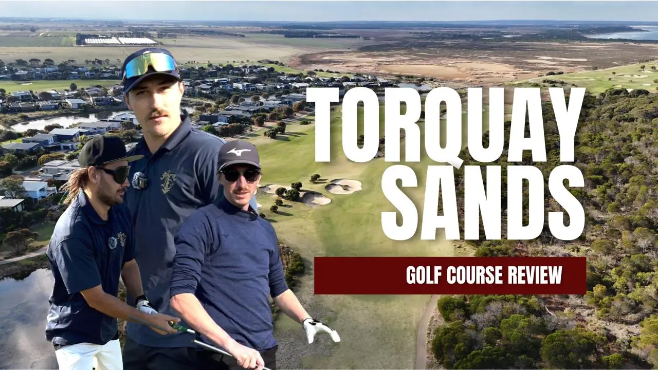 Aerial view of Torquay Sands Golf Course with bunkers, fairways, and coastal scenery. In the foreground, three men in golf gear pose mid-swing. Large text reads “TORQUAY SANDS – Golf Course Review.”