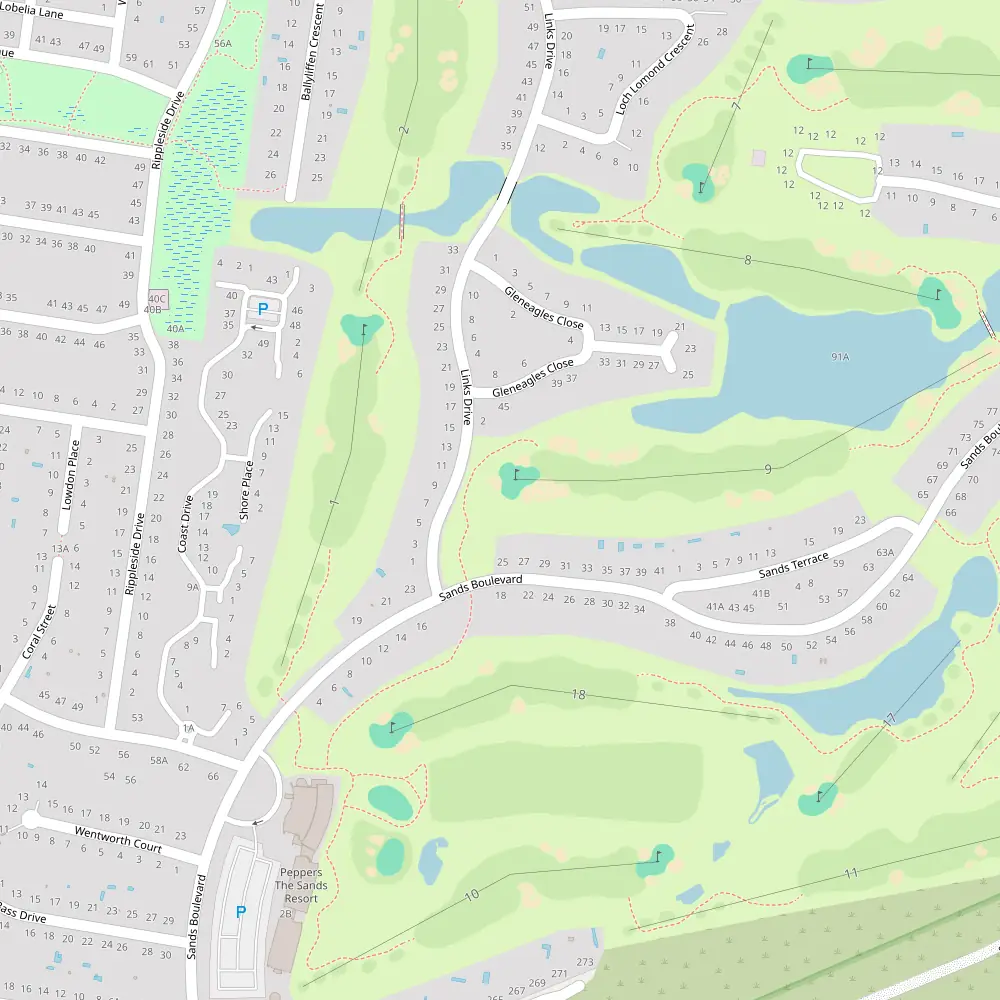 Blue, White, Red, Yellow Tees Hole 9 map