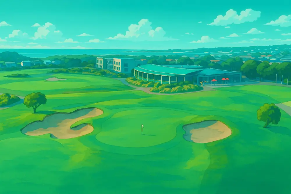 A vibrant anime-style illustration of Torquay golf club