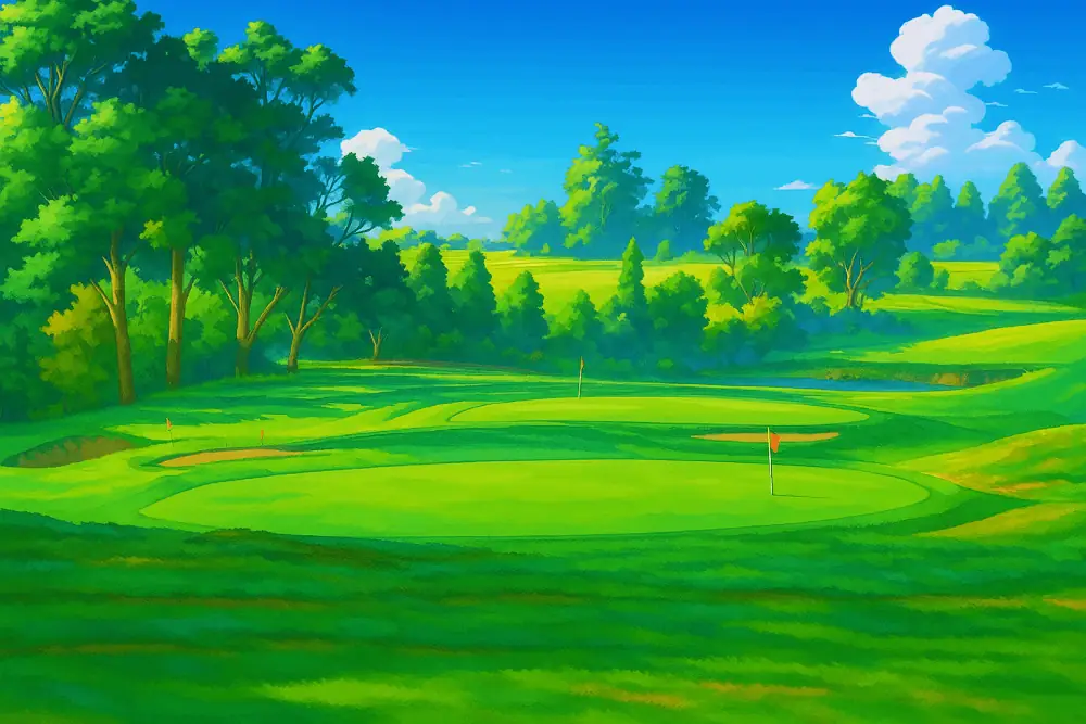 A vibrant anime-style illustration of Trentham Golf course