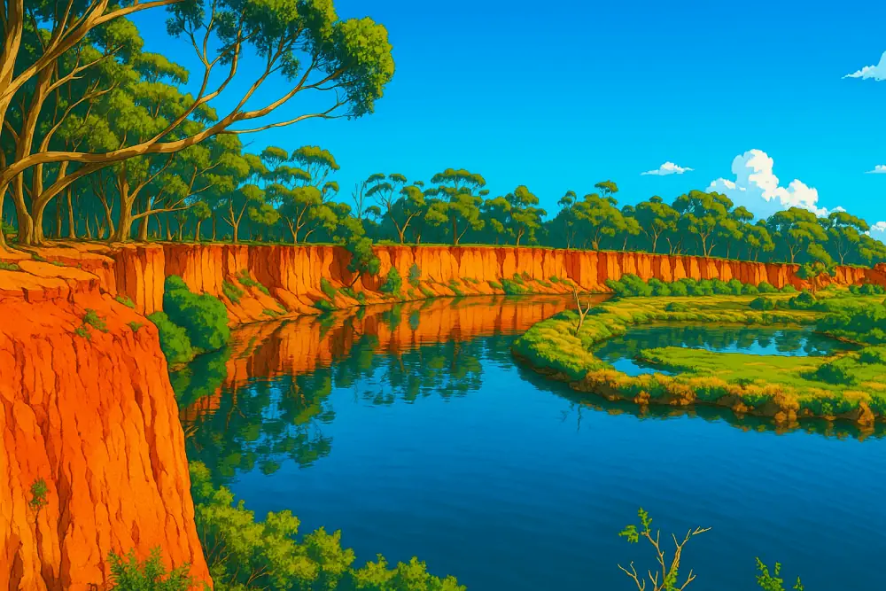 A vibrant anime-style illustration of the Werribee river running next to Werribee Park Golf Club
