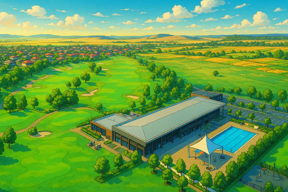 A detailed aerial illustration of Club Mandalay in Beveridge, Victoria, styled in vibrant anime art. The image shows a wide view of the golf course with neatly mown green fairways winding through clusters of trees and soft sand bunkers. In the foreground sits a sleek, modern clubhouse with a long, angular roof. Next to it is a bright blue 25-metre outdoor swimming pool with a shaded area and a kids’ playground. To the right is a large car park, while in the background, the Mandalay residential estate blends into golden fields and distant rolling hills under a blue sky with fluffy white clouds.
