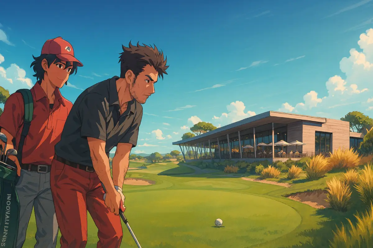 A digital anime-style painting of Moonah Links Golf Course shows a modern clubhouse with floor-to-ceiling windows and a shaded outdoor terrace overlooking lush green fairways. In the foreground, a focused golfer lines up a putt while his caddie, wearing a red shirt and cap, stands beside him holding a golf bag. The course is surrounded by low rolling dunes, neatly trimmed bunkers, and clusters of tall grasses under a vivid blue sky with soft white clouds. The scene captures a relaxed, sunny afternoon on the course, blending competitive focus with scenic beauty.
