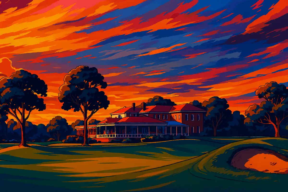 A wide view of Bonnie Doon Golf Course at sunset, with golden light washing over a smooth green fairway. A large sandstone-coloured clubhouse with red roofs sits in the distance, partly shaded by tall gum trees. The sky is dramatic with streaks of orange, pink, and blue clouds catching the evening light.