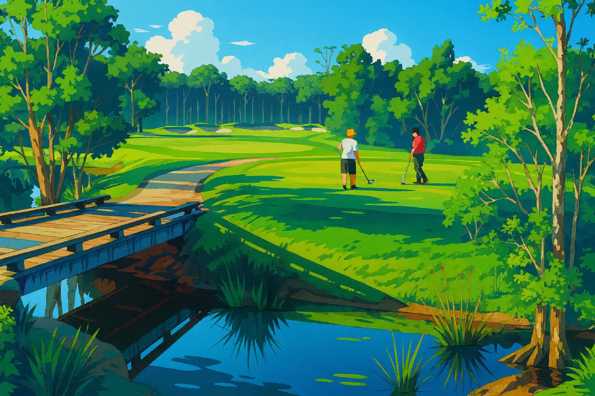 An anime-style illustration of The Vintage Golf Club showing a bright, sunny fairway surrounded by tall green trees. Two golfers stand on the grass preparing to take a shot, while a wooden bridge crosses a still pond in the foreground, reflecting the vivid green landscape and blue sky.